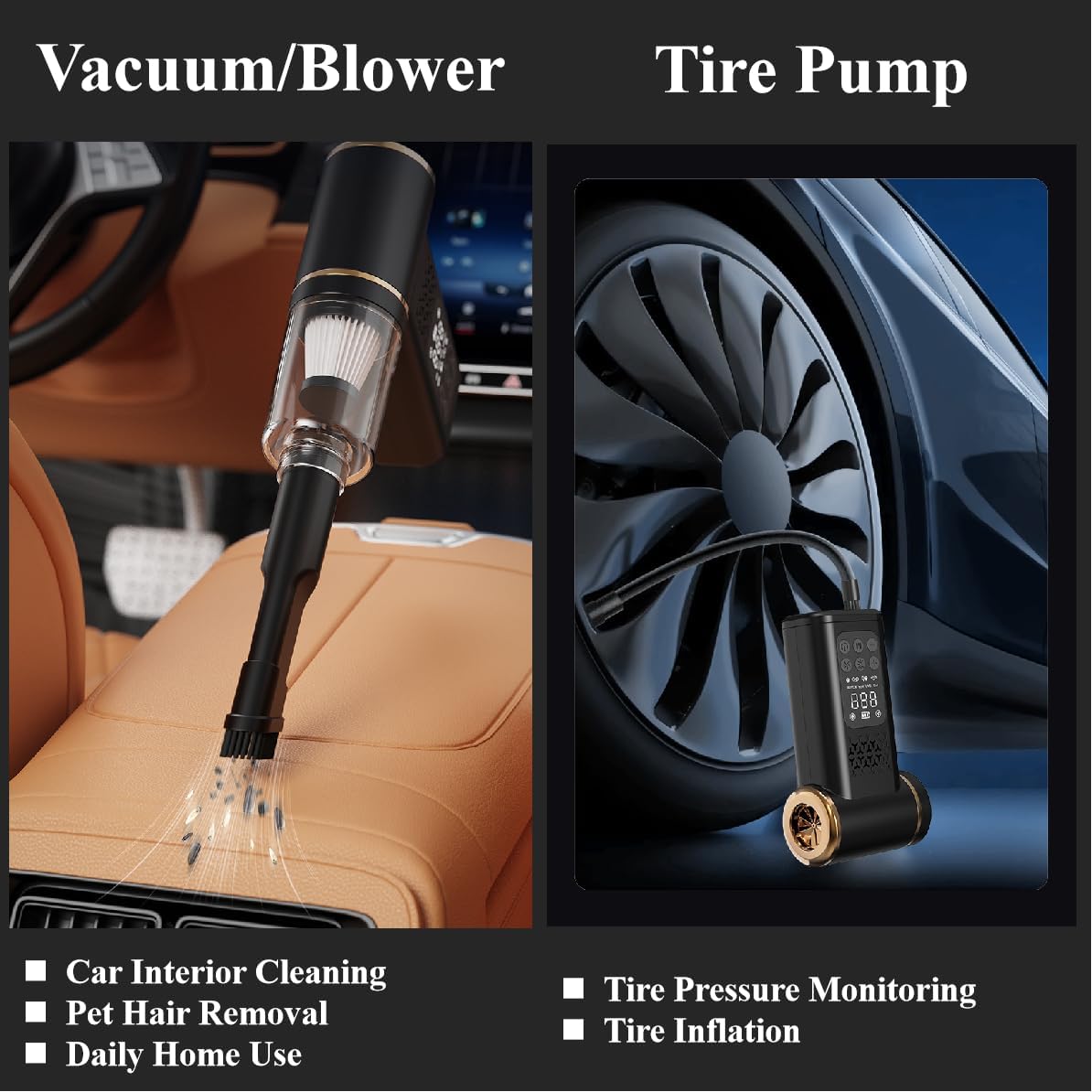 Cordless Car Vacuum & Tire Inflator 5-in-1 with Digital Display,Rechargeable 150PSI/10.5Bar Auto-Stop Air Pump,Dust Blower,LED Light – Portable Emergency Kit for Car,Motor,Bike & Camping,Black