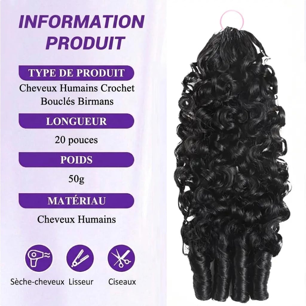 Blinghair Extension de Cheveux Humains au Crochet Boucle Birmane, Mèches de Cheveux Bouclés Pré-séparés pour Tressage Crochet, 50 Strands (50g par Paquet), Noir Naturel, 20 Pouces, 1 Paquet