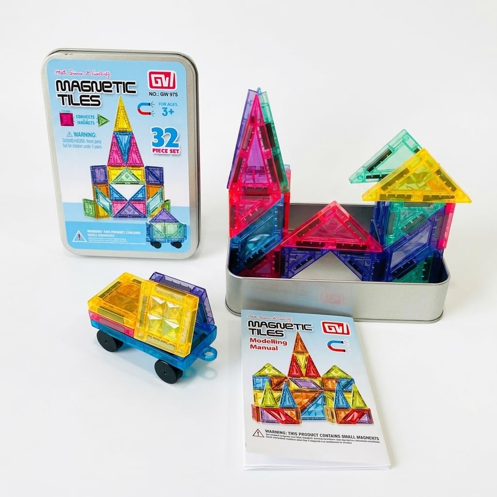 Mini Magnetic Tiles – 32 PCS with Car | Age 3 4 5 6 7 Years | Tin Storage Case | STEM Building Toy | Educational | Construction Set | Travel Friendly | Creative Play-image-26