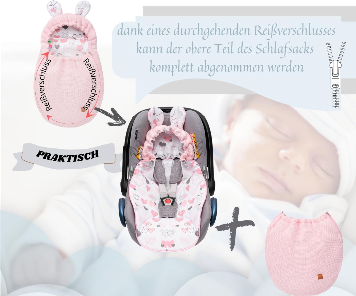 Mikos Coperta per ovetto, autunno inverno, sacco nanna con cerniera, 100% cotone GOTS Zert. coperta a maglia con imbottitura, universale, per passeggini, primavera, Maxi Cosi a 3 punti (50) (rosa)