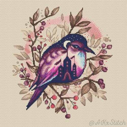 Fantasy Bird Cross Stitch Kit, Pink Purple Floral Embroidery Pattern of Moon & House in Twilight Dusk