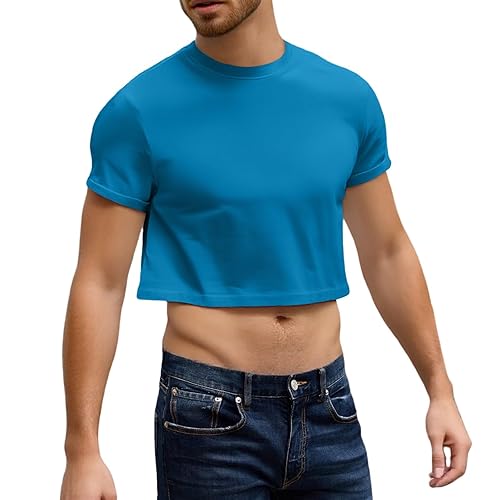 Crop Tops for Men Basic Short Sleeve Round Neck Casual Pullovers Summer Sexy Gay Tee Tops Hot Shirts - X-Large - Blue