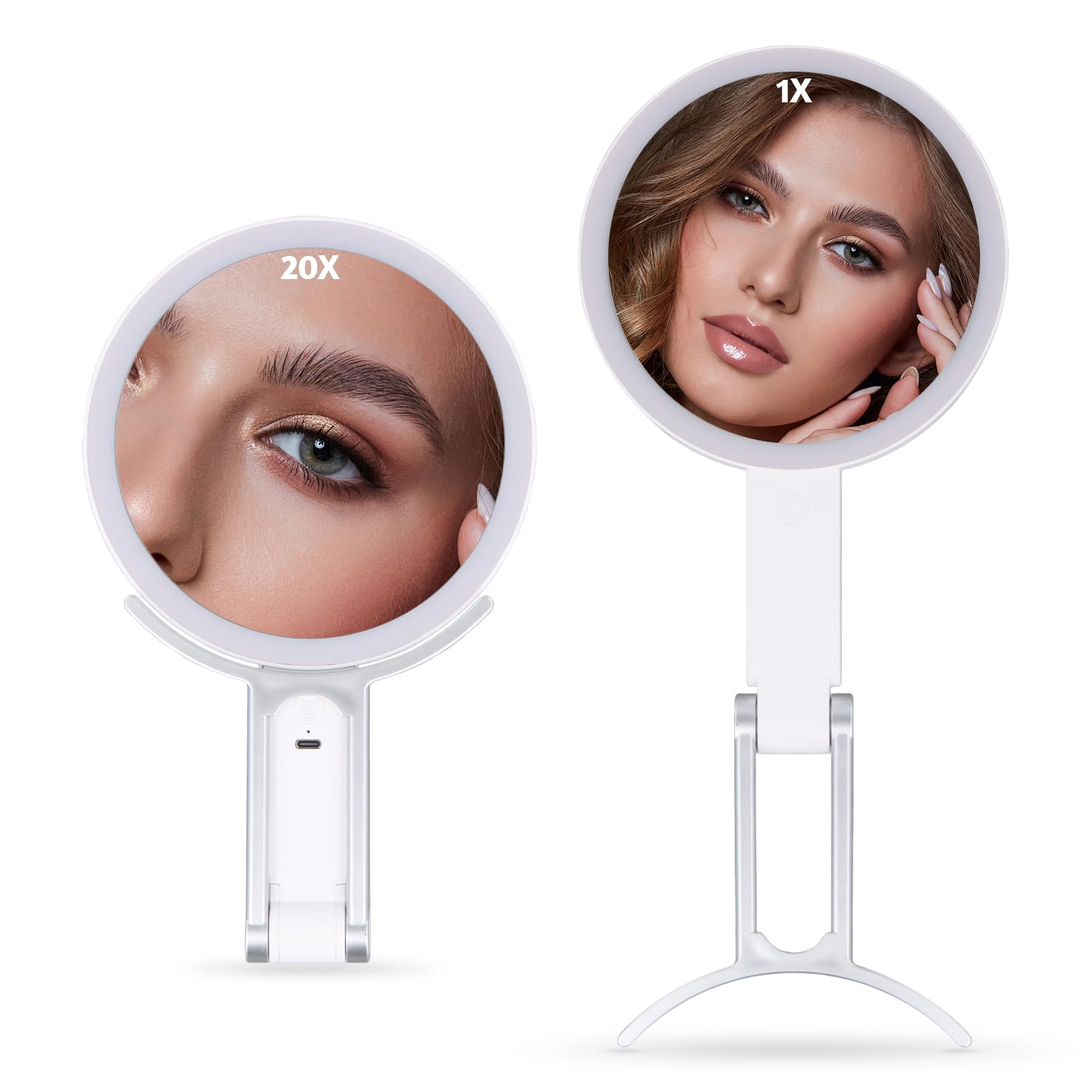Specchio Trucco con Luci LED, Specchio Ingranditore 1X/20X, Girevole e Luminosità Regolabile Specchio Make up Ricaricabile Specchio da Tavolo per Bagno,Casa e Viaggi,Regalo per Donna/Lei (20X Bianco)