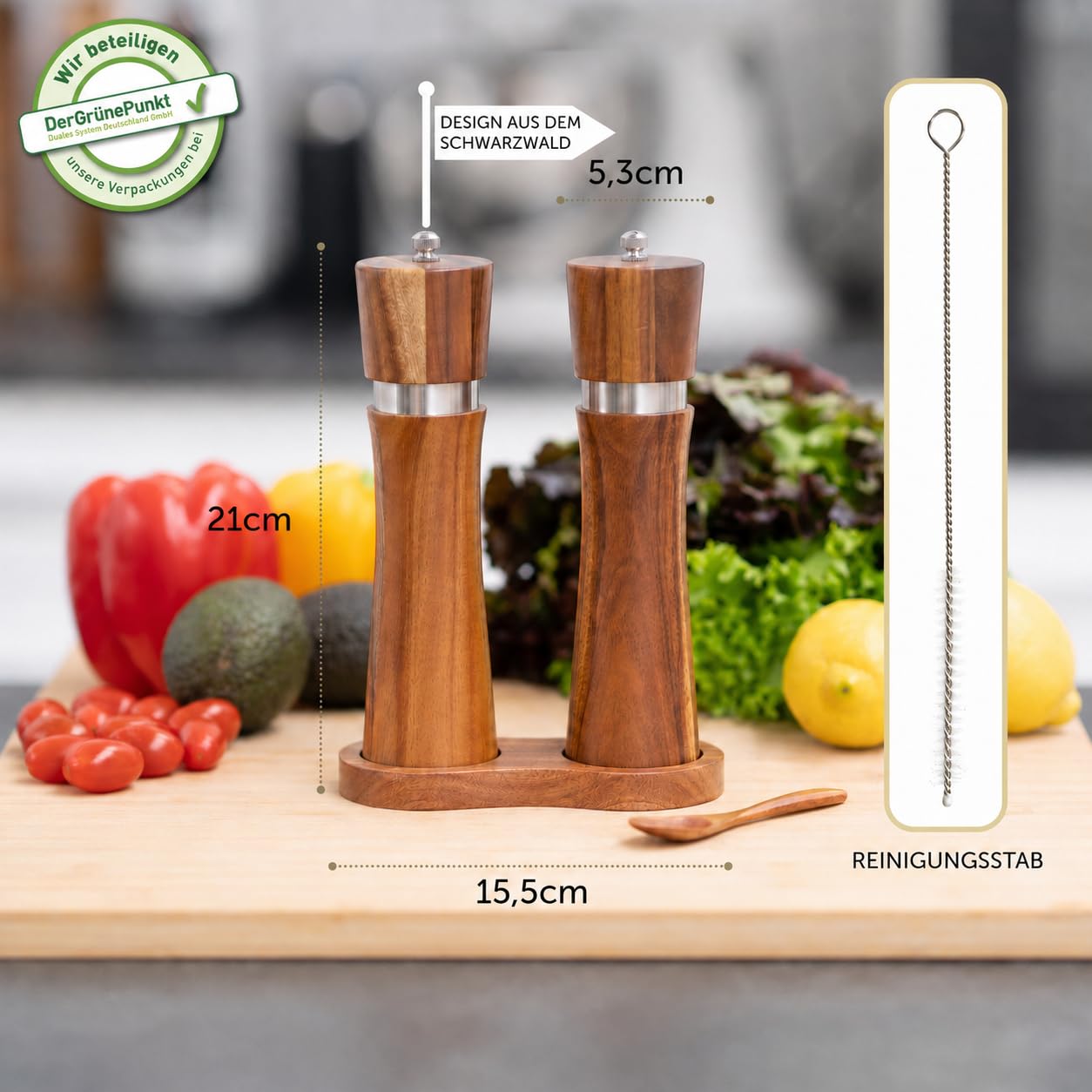 Salz und Pfeffermühle (5-teilig) Gewürzmühlen aus Holz mit Untersetzer Löffel und Bürste Keramikmahlwerk Akazienholz Design Premium Magnetbox