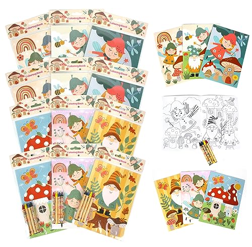 TINYMILLS Garden Gnomes Tea Party Mushroom Coloring Book Set with 12 Coloring Books and 48 Crayons Garden Birthday Party Supplies Favor Bag Filler Carnival Prizes Rewards Classroom Party