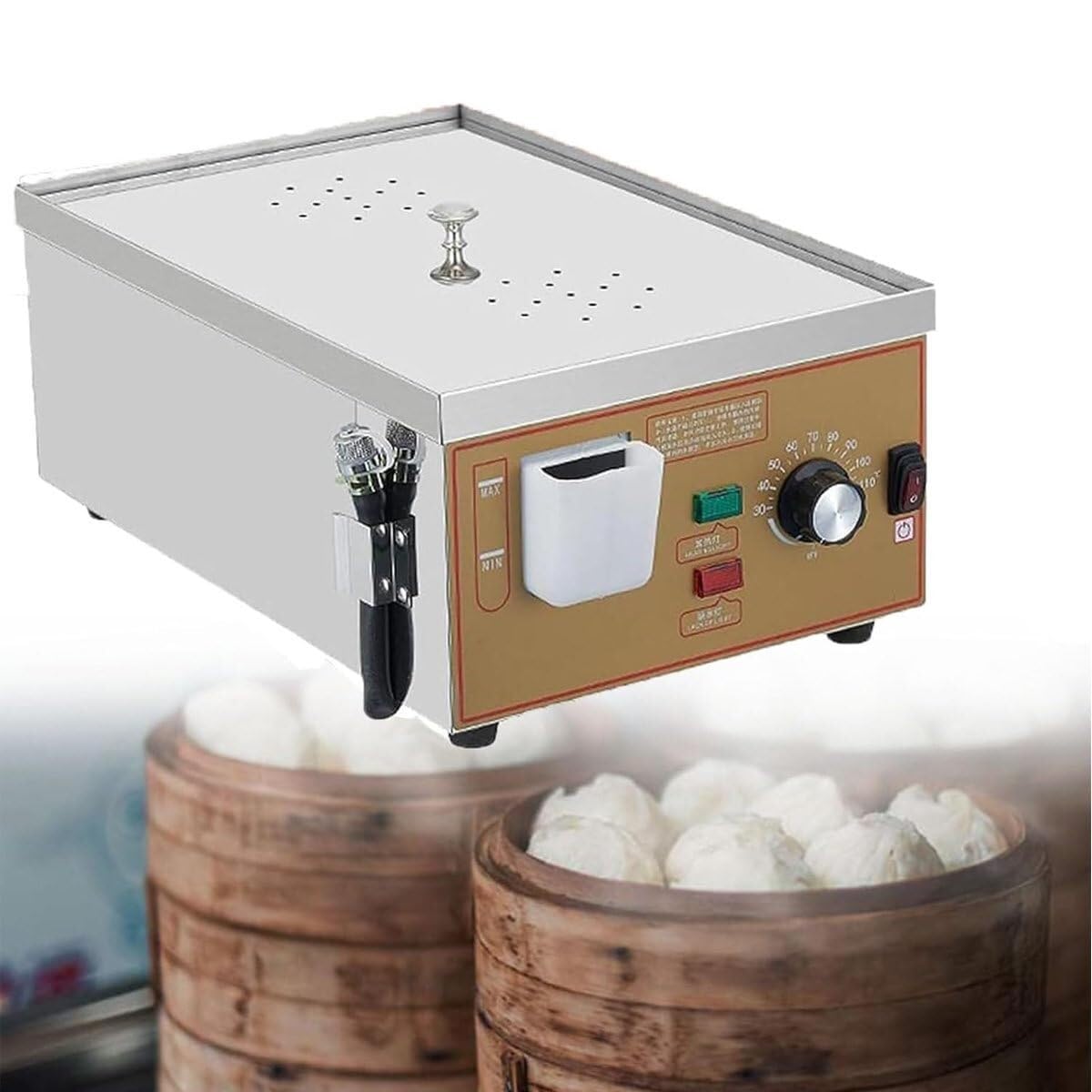 Vaporera eléctrica comercial para cocinar, diseño de acero inoxidable con calefacción de tubo en U y alarma de ebullición en seco, ideal para bollos y verduras al vapor, capacidad de 4 agujeros