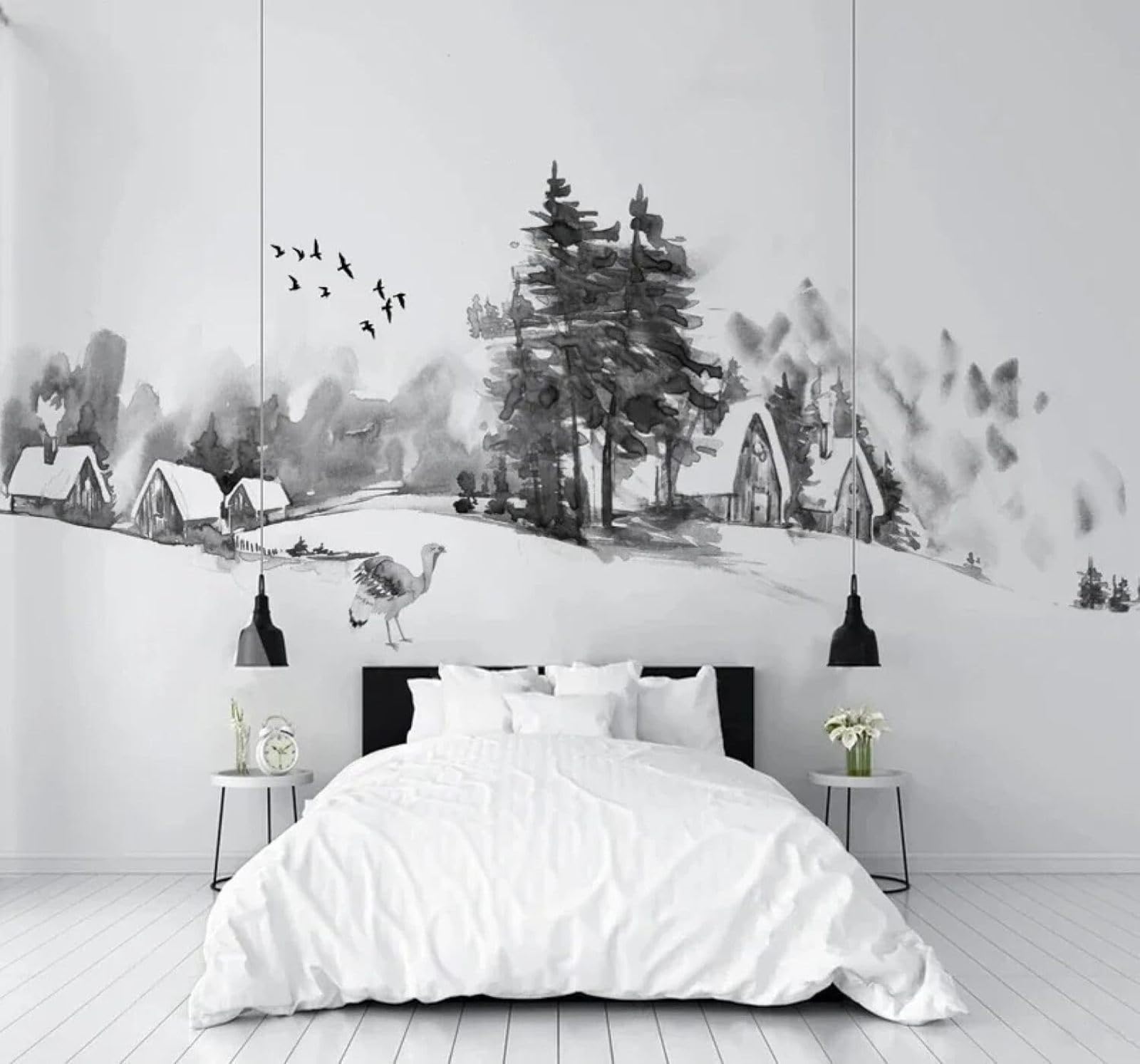 XLMING Black and White Ink Wash Winter Countryside Snowy Landscape 3D Wallpaper Silky Texture Home Study Office Grey Dining Room Sofa Bedroom Living Room TV Backdrop-430cm×300cm