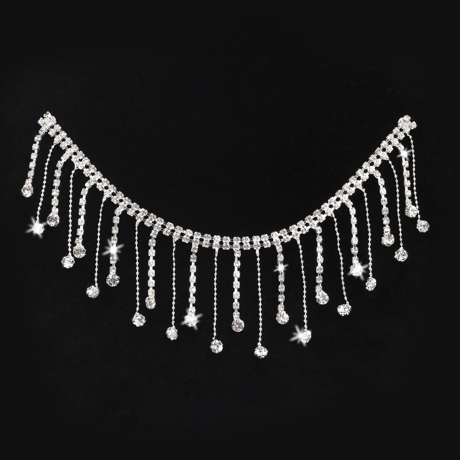 KALIONE 1Yard Rhinestone Fringe Trim - Silver Crystal Beaded Chain, Diamond Tassel for Jewelry, Belt, Dress, Cloth, DIY Crafts Making Supplies