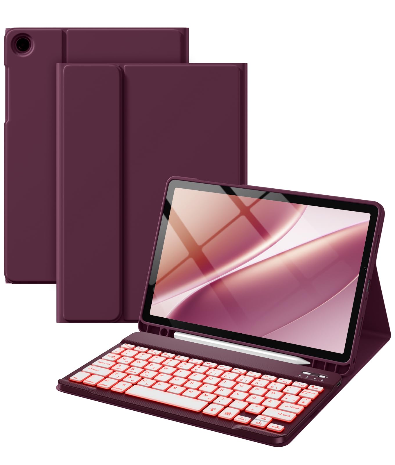 Vobafe Hülle mit Tastatur für Samsung Galaxy Tab A11+ Plus 11 Zoll 2025 / Tab A9+ Plus 2023, 7 Farben Beleuchtete mit Abnehmbare Tastatur, TPU Rückschale mit Stifthalter, QWERTZ, Dunkelkirsch