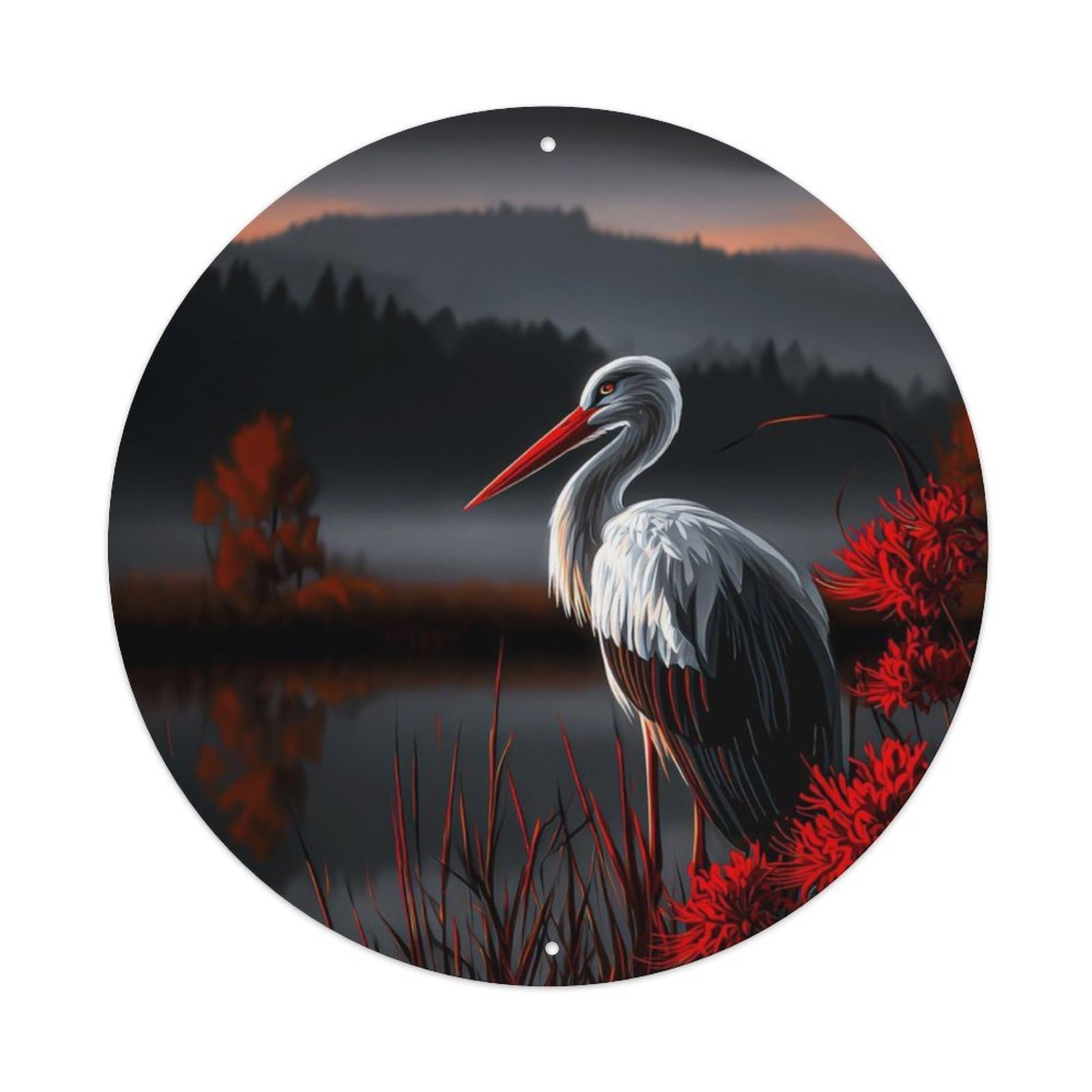 Animal White Stork Red Spider Lily Night Lake Landscape Vintage Metal Tin Sign Plaque Wall Decor for Cafe, Club Bar, Office, Garden Metal Poster 8x8Inch