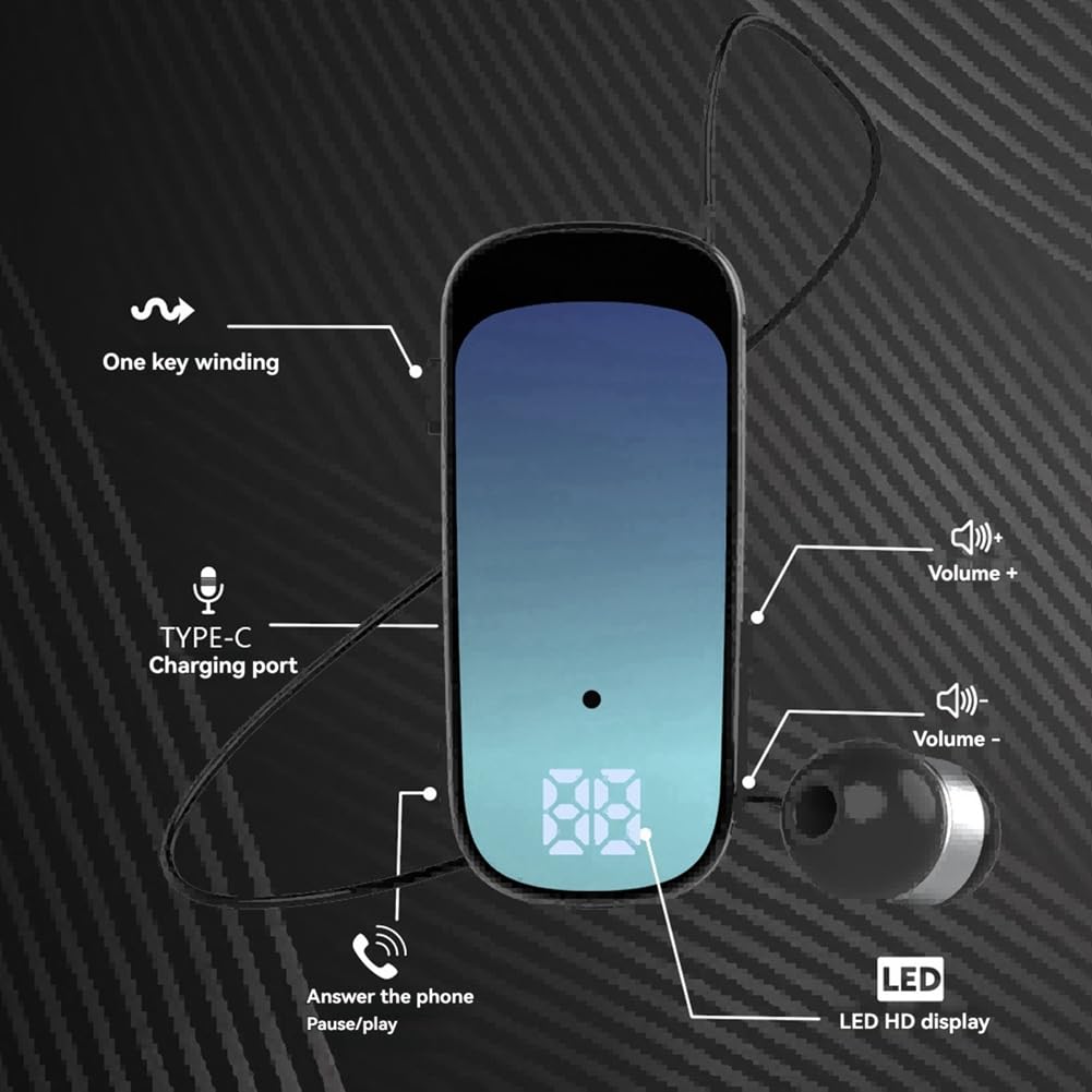 K65 Auricolare Bluetooth Cablato Retrattile con Clip per Cravatta Display Digitale in-Ear Cuffia Monoauricolare Business A Lunga Durata Blue