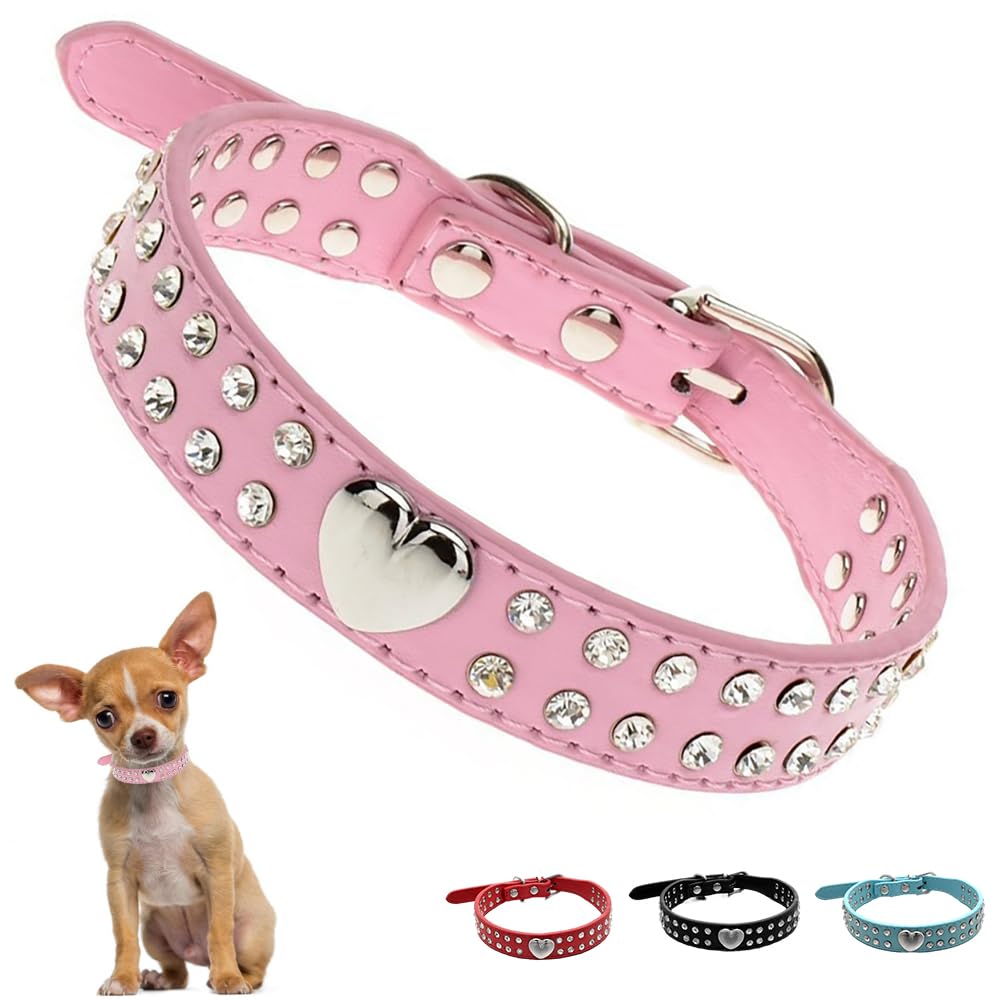 Pink Rhinestone Dog Collar XXS, Heart Diamond Kitten Collar Fancy Crystal Glitter Pretty Jewel Bling Female Puppy Collars for XXS XS Small Medium Girl