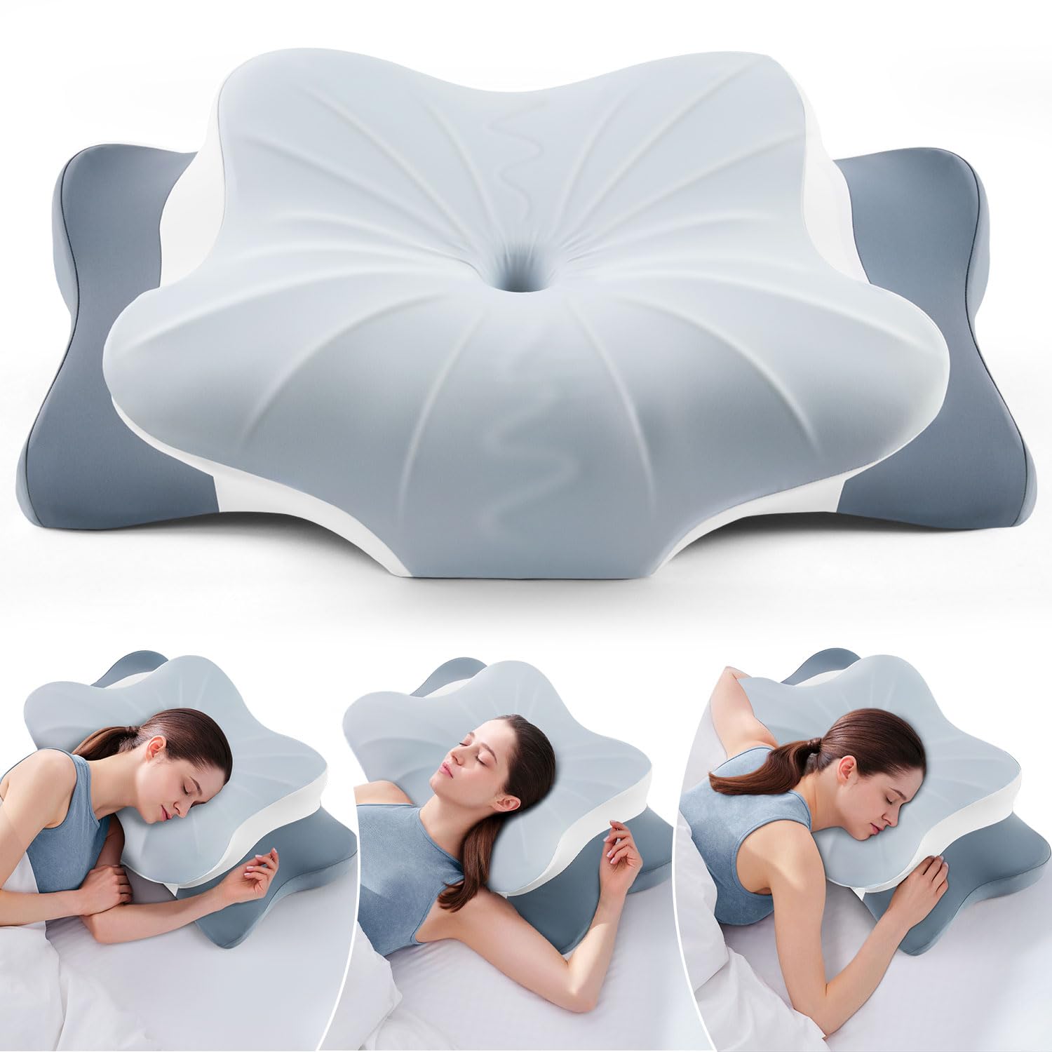 Cervical Pillow for Neck Pain Relief -Cooling Ergonomic Memory Foam Pillow with Ice Silk Pillowcase, Dual-Height Orthopedic Support Contour Pillow for Side/Back/Stomach Sleepers, CertiPUR-US Certified