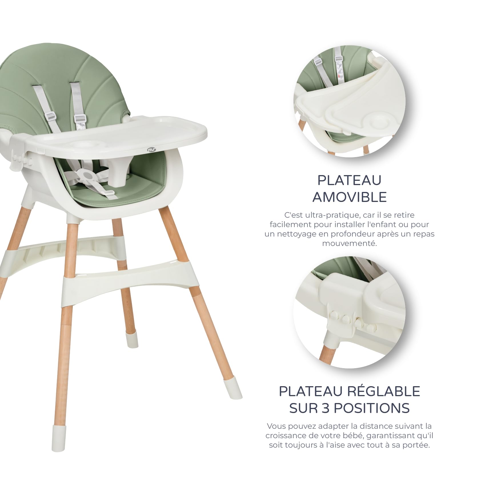 MS BabyWorld – MIKA – Chaise Haute pour Bébé 3 en 1 | Convertible en Rehausseur et Chaise | Siège Rembourré | Pliable et Évolutive