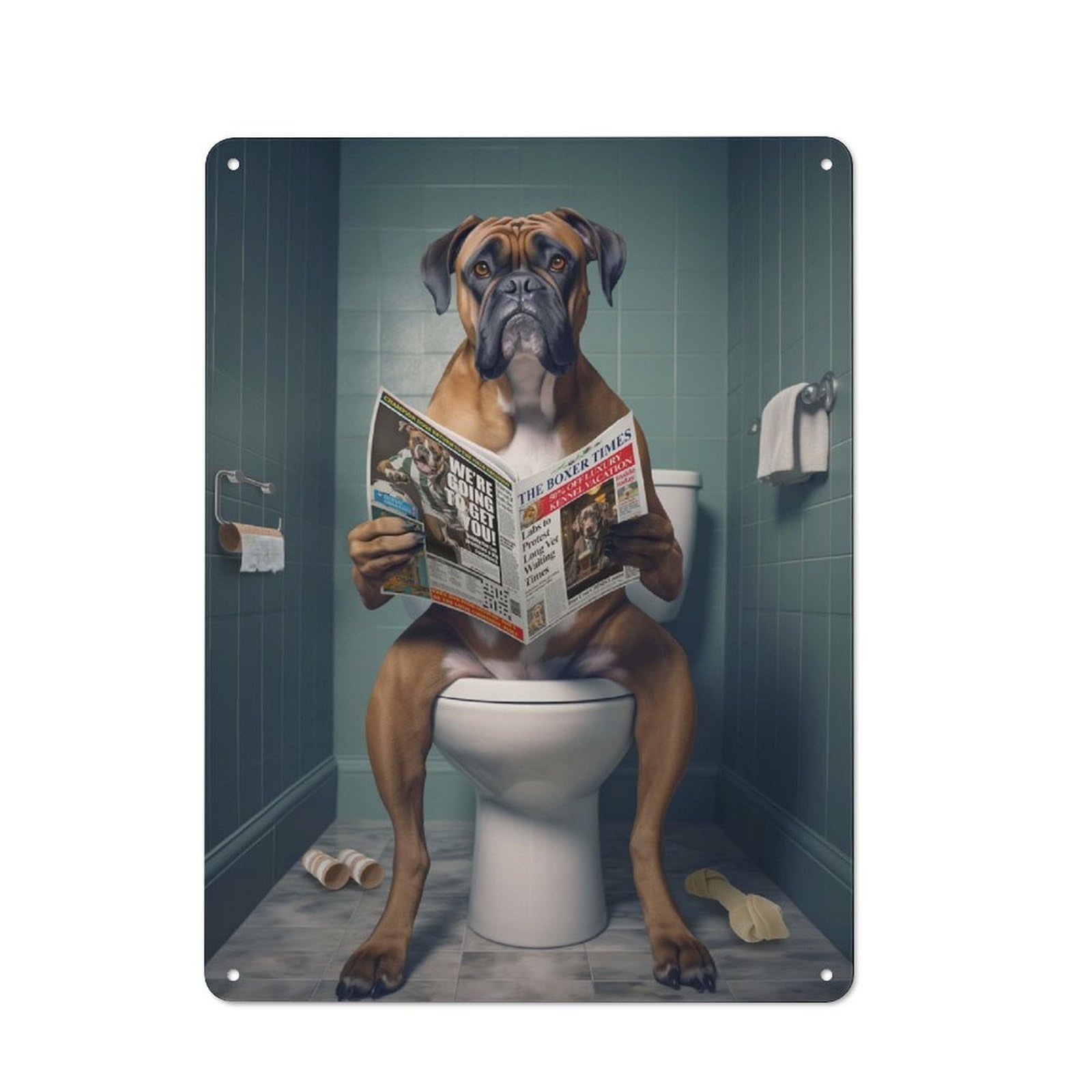Rustic Tin Sign 40x30cm Featuring Boxer Dog on The Toilet for Living Room Wall, for Room Styling Across Living Rooms And Feature Walls