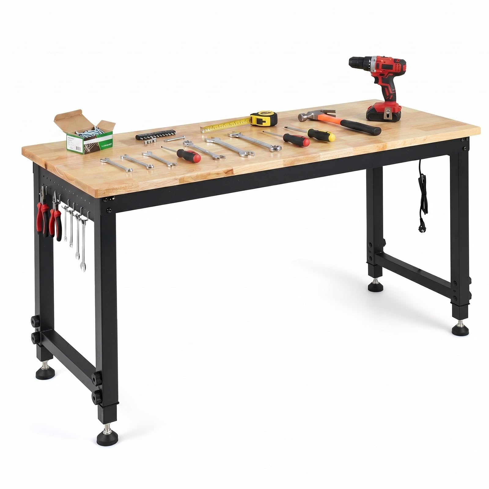 COSTWAY Banco de Trabajo con Estación de Carga, 122 x 51cm, Mesa Trabajo Taller con Altura Ajustable en 6 Niveles, Encimera de Madera Caucho, Marco Metálico, Estación Bricolaje, Carga 900 kg