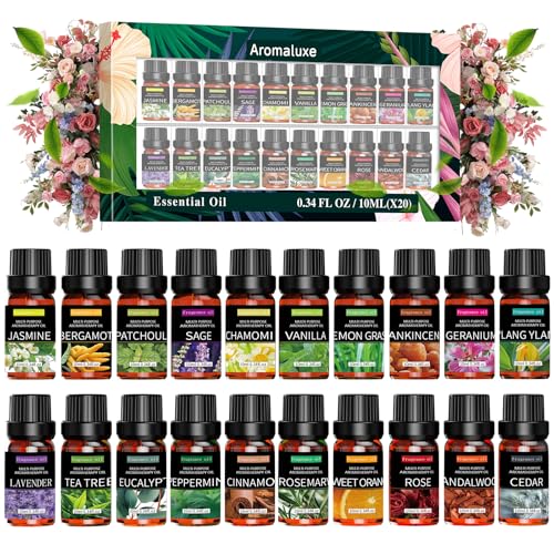 PEDOOD Essential Oil Set - 100% Natural Essential Oils 20 x 10ML - Essential Oils Gift Set for Diffuser Humidifier Aromatherapy Massage Soap Candle Bath Bombs Making