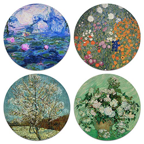 CARIBOU Coasters, Claude Monet Water Lilies + Gustav Klimt Flower Garden + Pink Peach Tree + Vase with Pink Roses by Van Gogh Design Absorbent Round Fabric Felt Neoprene Coasters for Drinks, 4pcs Set
