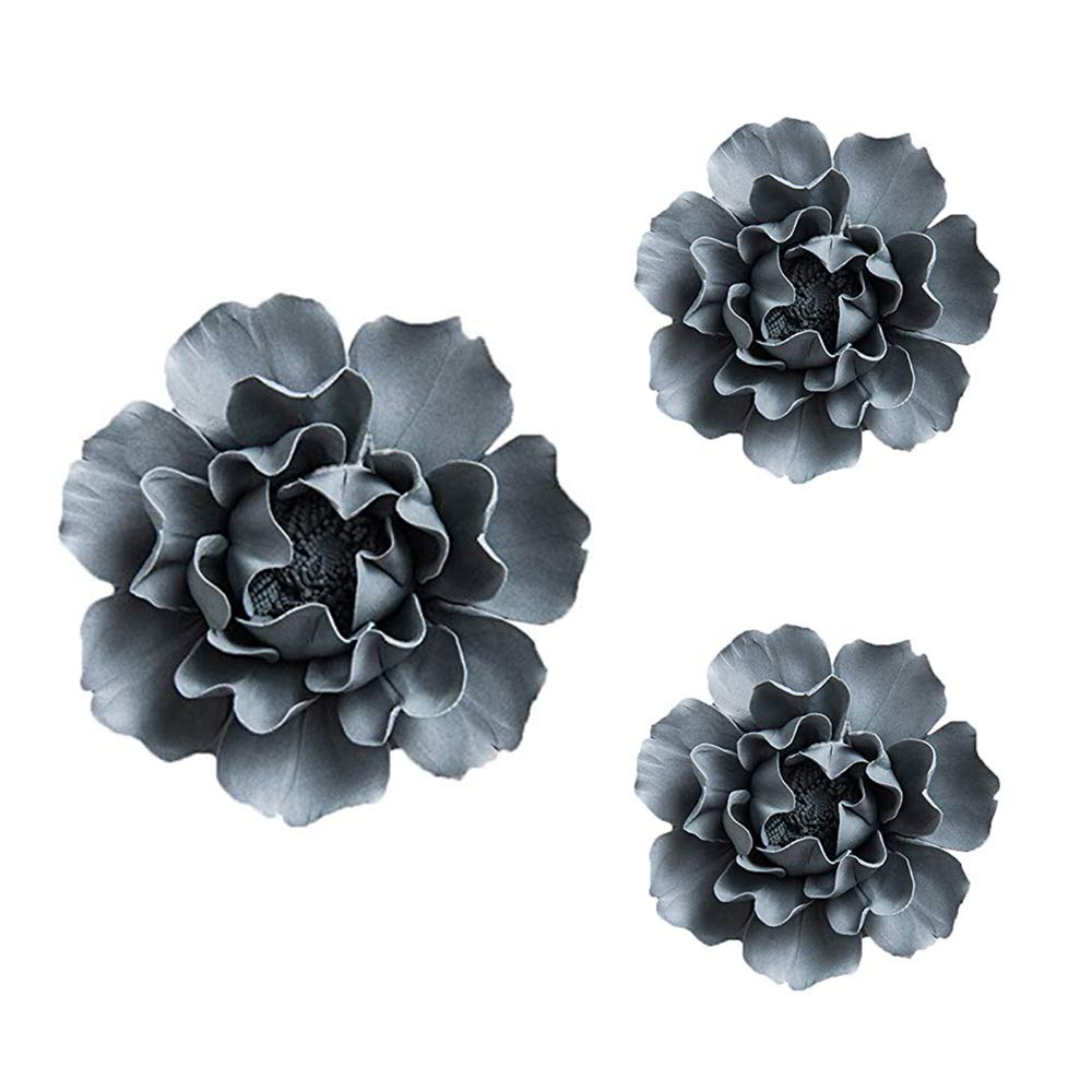 ALYCASO 3 PCS/Set Peony Ceramic Magnolia Flower Wall Decor 3D Flower Art for Living Room Home Hallway Bedroom Kitchen Farmhouse Bathroom Dining Room, Grey(4.72 in*1, 3.54 in*2)