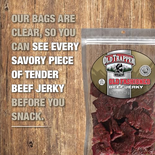 Image of Old Trapper Beef Jerky, Old-Fashioned 8 Ounce Bag, Tender Meat Snacks for Lunches or Between Meals, 11 Grams of Protein, Zero Grams of Fat, and 70 Calories per Serving (Pack of One)