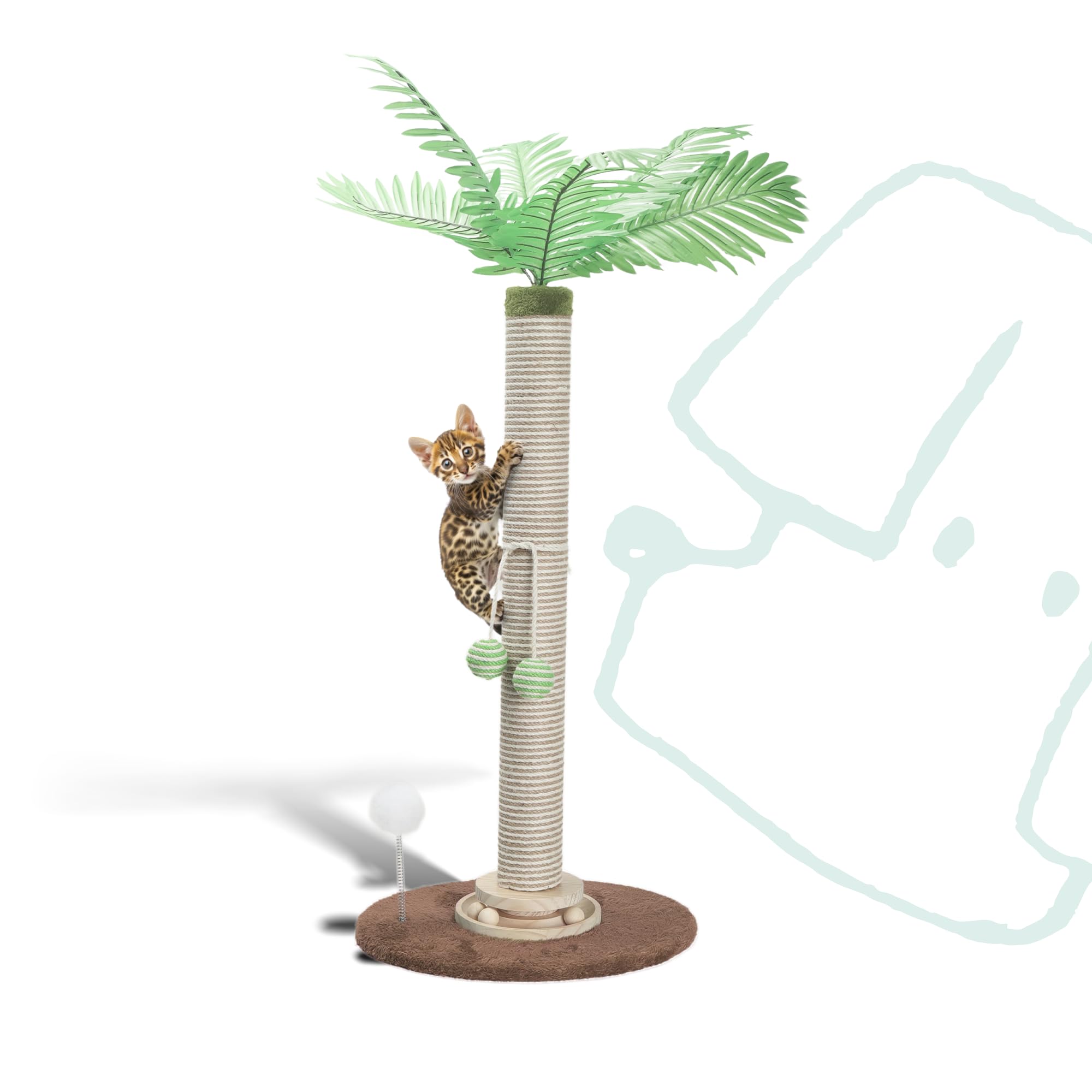 POMESEA Cat Scratching Post 34 Inch with Rotating Turntable and Removable Hanging Ball, Cat Scratcher for Indoor Cats, Ultra Stable Base, Paw-FGreen Baseriendly Jute Material, Brown Base