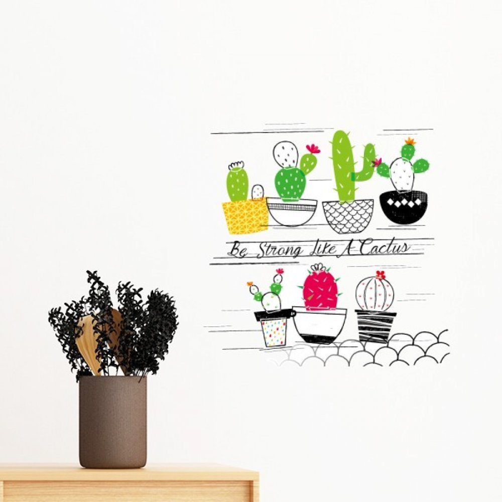 Sticker mural amovible motif cactus 35cm effet papier peint vert