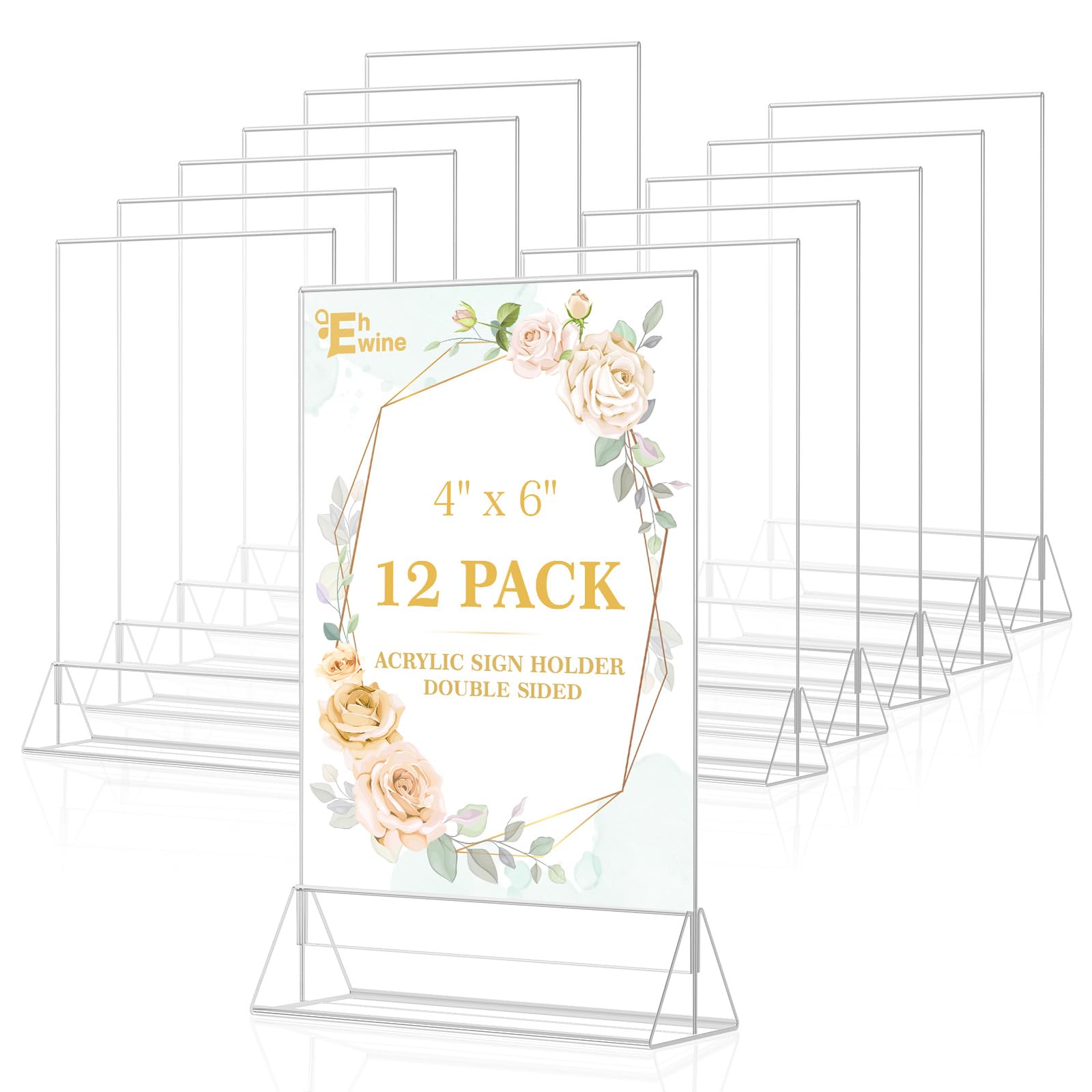 EHWINE 12 Pack Acrylic Sign Holder 4 x 6, Double Sided Clear Picture Frame Stand up Table Top Sign Holders, Clear Display Stand Menu Flyer Holder for