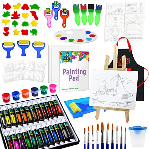 Super Deluxe Acrylic Paint Set for Kids  105-piece Acrylic Painting Supplies Set, 24 Acrylic Paint Tubes -nontoxic, paintbrushes, canvases, Table Easel - Complete Art Paint kit by KEFF Creations