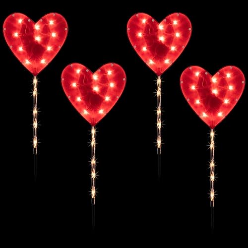 Miniatura 3 de Marcador de camino para el día de San Valentín, 4 unidades, diseño de corazón rojo, luces transparentes