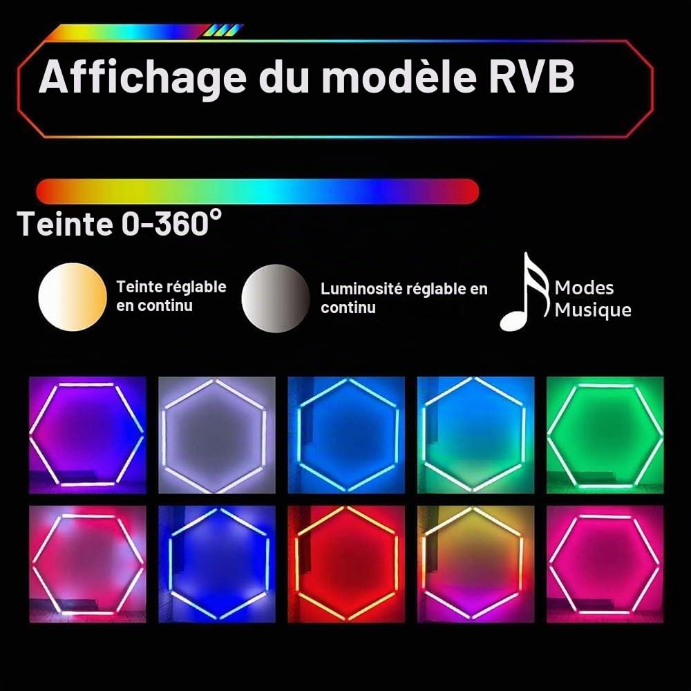 Luminaire LED hexagonal RGB pour garage | Plafonnier LED à 5 grilles pour garage, application connectée et télécommande, à monter soi-même