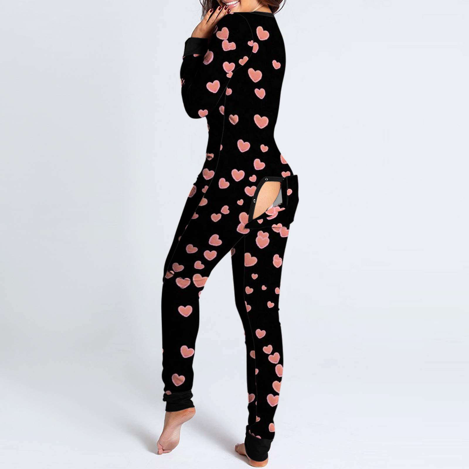 Pijama de una pieza para mujer, sexy, cuello en V, mono funcional, con solapa de botón, pelele de una pieza, mono de pijama, traje de manga larga, pijama de noche