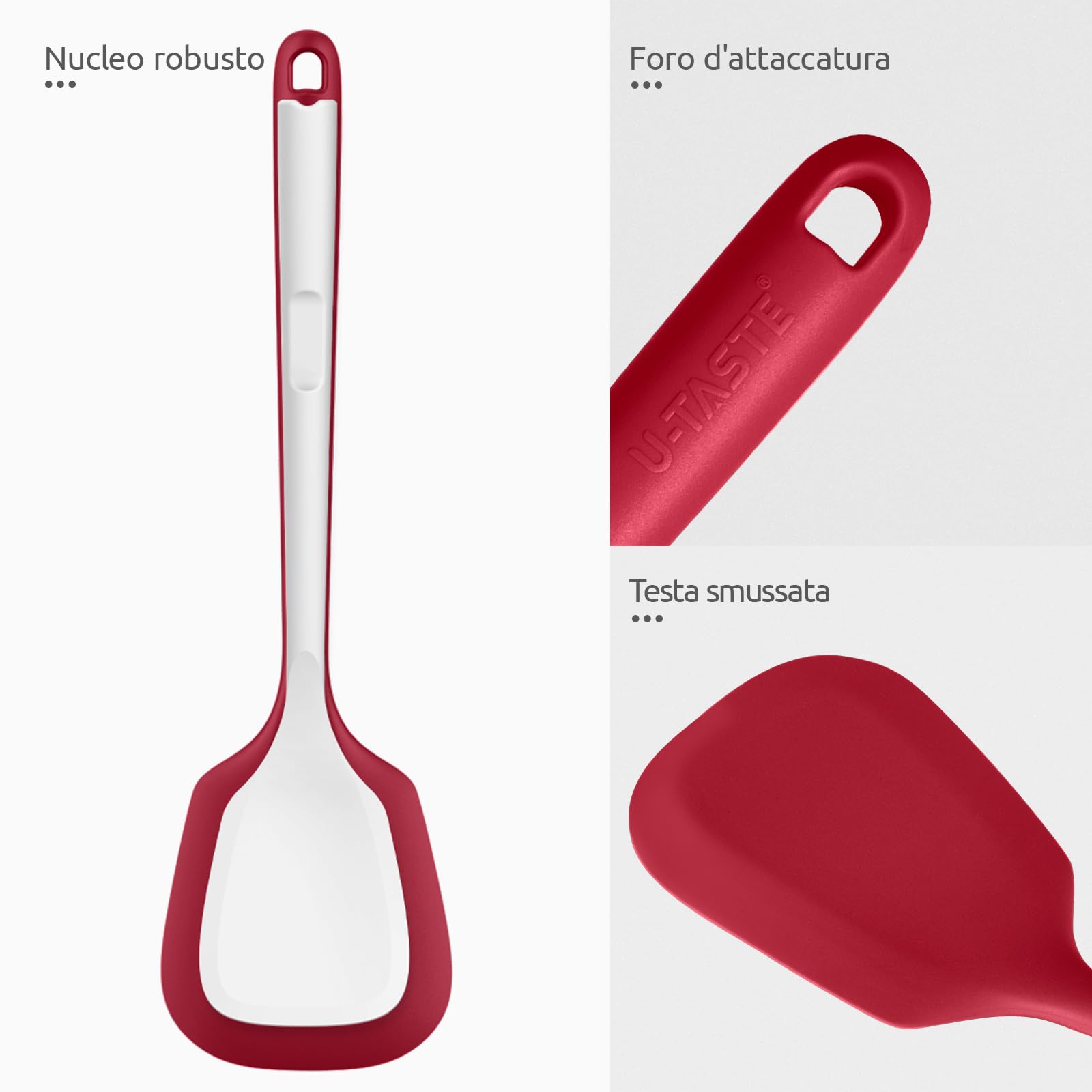 U-Taste Extra lunga spatola in silicone: Spatola da cucina solida e scanalata resistente al calore a 315 ℃, flipper da cucina per friggere pancakes di pesce (Rosso, 2 pezzi)