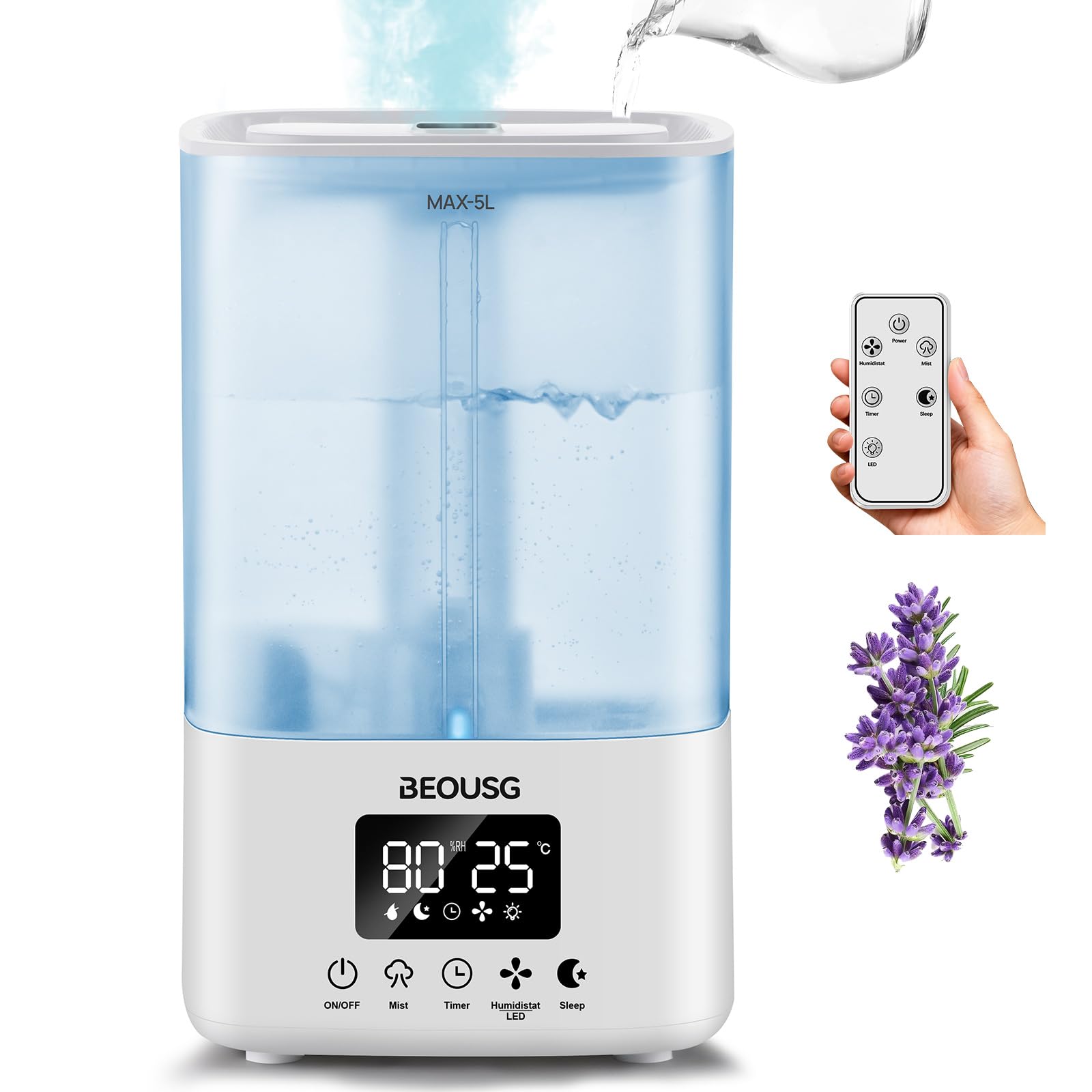 Photo 1 of ***MISSING REMOTE-NOT INCLUDED -SELLING AS IS *** BEOUSG 5L Top Fill Ultrasonic Humidifier,Cool Mist Humidifiers with Timer & Humidity Control for Bedroom, Baby, Large Rooms & Plants (White)