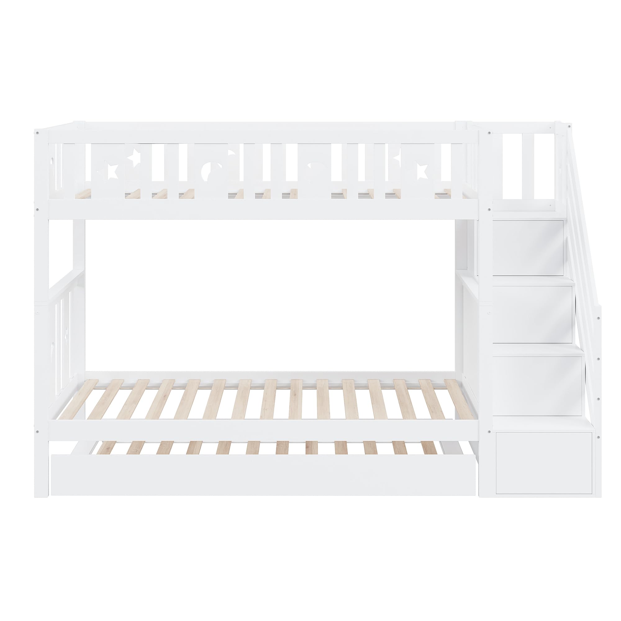 Kinderbett 90x200/90x200cm, Hochbett Etagenbett mit Stauraum-Sicherheitstreppe&Ausziehbett&Lattenrost, Jugendbett Holzbett Stockbett für 2 Kinder, Rausfallschutz Bett, Massivholz, Weiß
