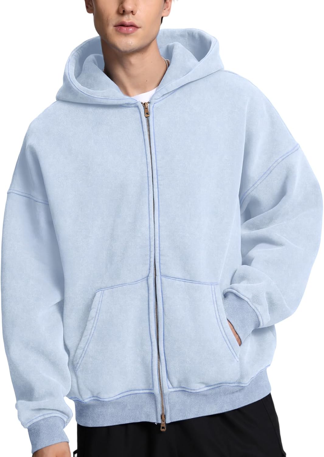 FAIABLE Mens Womens Double Zip Up Hoodie Oversized Acid Wash Heavyweight Fleece Cotton Zipper Hoodie Vintage