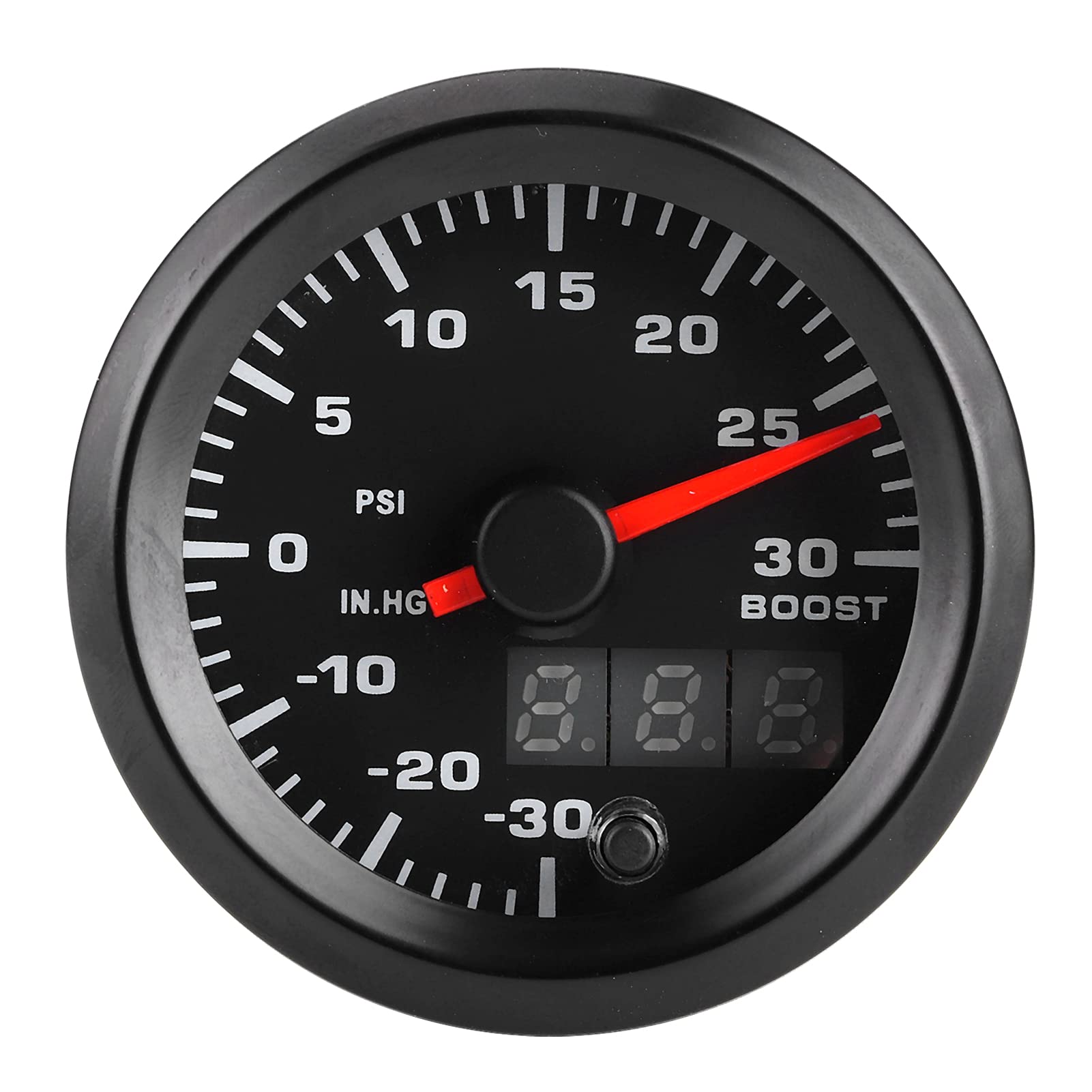 Cuifati Universale 52mm 2 Pollici 7 Colori LED Boost Misuratore di Pressione PSI Manometro Display Digitale Puntatore per Auto 12V, 0-30 PSI e 0-30 Pollici.Hg, Display LED Blu Puntatore Rosso