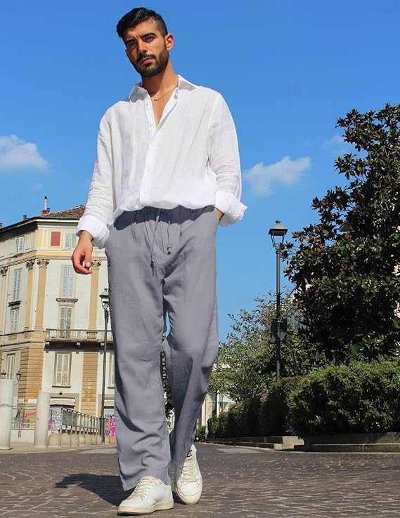 Image of CB-COLEBROOK Mens Casual Linen | Elastic Waist | Drawstring Summer Beach Yoga Linen Trouser | Loose Fit Pyjama Pants for Man