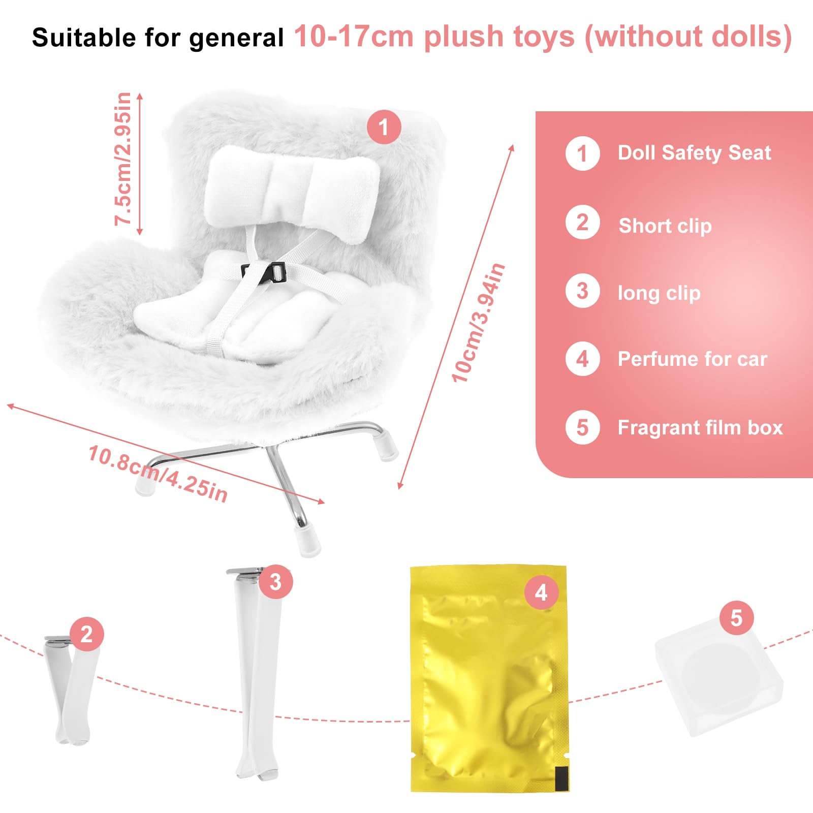 Car Dolls Safety Seat,Car Seat for Dolls with Soft Furry Cushion,Air Vent Clip and Desktop Stand,Cute and Functional Car Ornament for Fans and Doll Collectors Kids Adults Girls Women(White) - Image 3