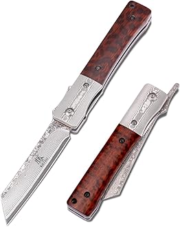 KATSU Handmade Damascus Pocket Knife Wood Handle, Japanese Razor Folding Knives for Men Linner Lock,Snake Wood Damascus Blade Flipper Knife with Leather Sheath Camping Hiking