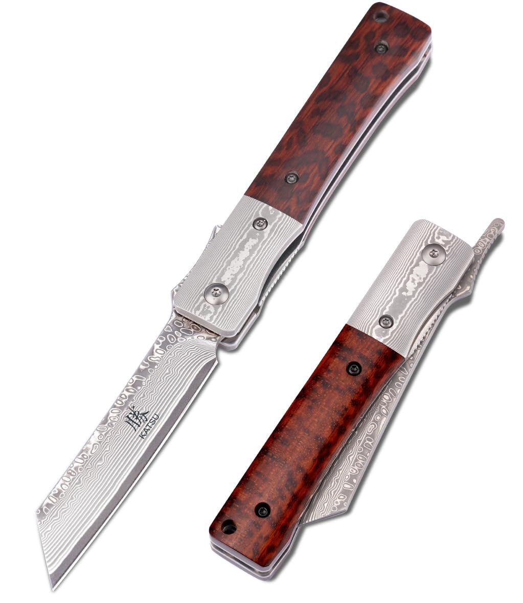 KATSU Handmade Damascus Pocket Knife Wood Handle, Japanese Razor Folding Knives for Men Linner Lock,Snake Wood Damascus Blade Flipper Knife with Leather Sheath Camping Hiking