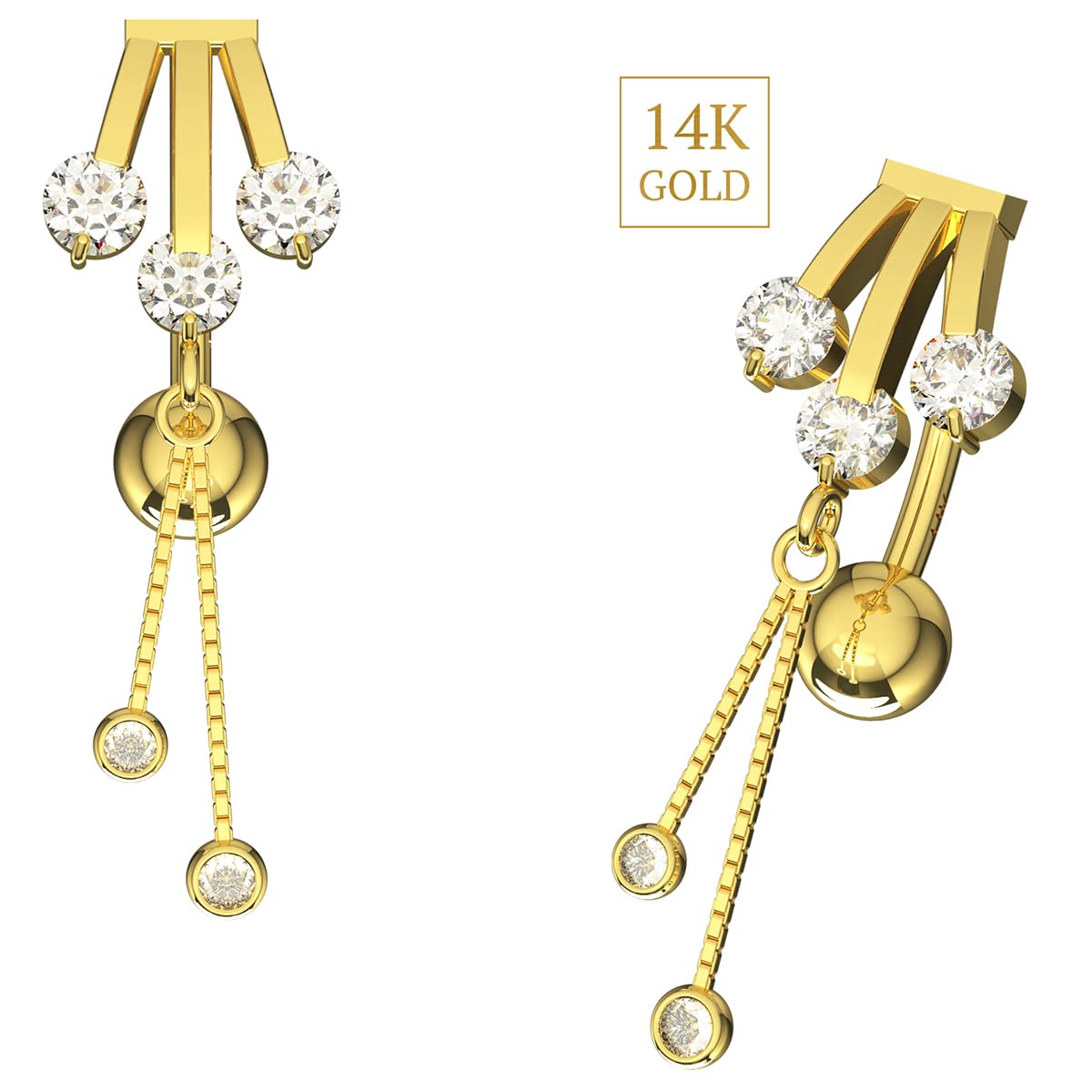 Piercing para el ombligo de oro amarillo macizo de 14 quilates con forma de aleta con doble colgante redondo en caja de cadena, joyería para ombligo de 14 quilates, calibre 14, 14 Gauge