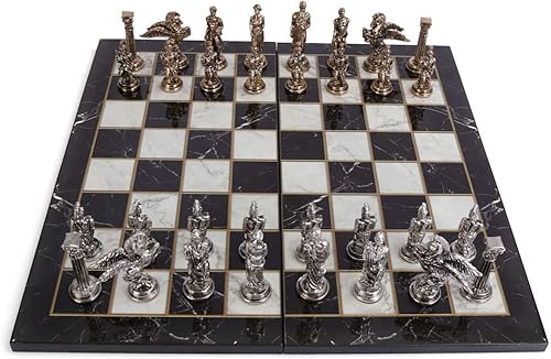 Juego de ajedrez de metal mitológico mediano para adultos, piezas hechas a mano y tablero de ajedrez de madera con diseño de mármol, tamaño King