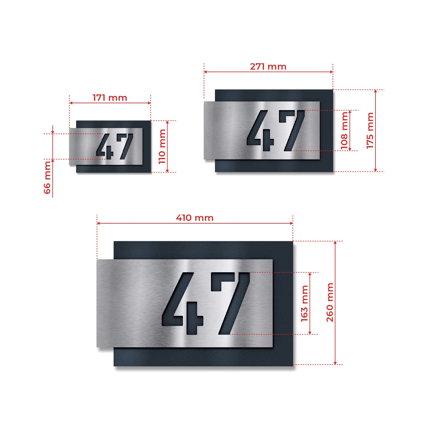 Metzler Hausnummer Edelstahl, individuelles Hausnummernschild in Anthrazit, Straßenschild mit Hausnummer, V2A-Edelstahl, kratzfest, robust, gebürstet, 3D-Effekt, Made in Germany, Größe: 271 x 175 mm
