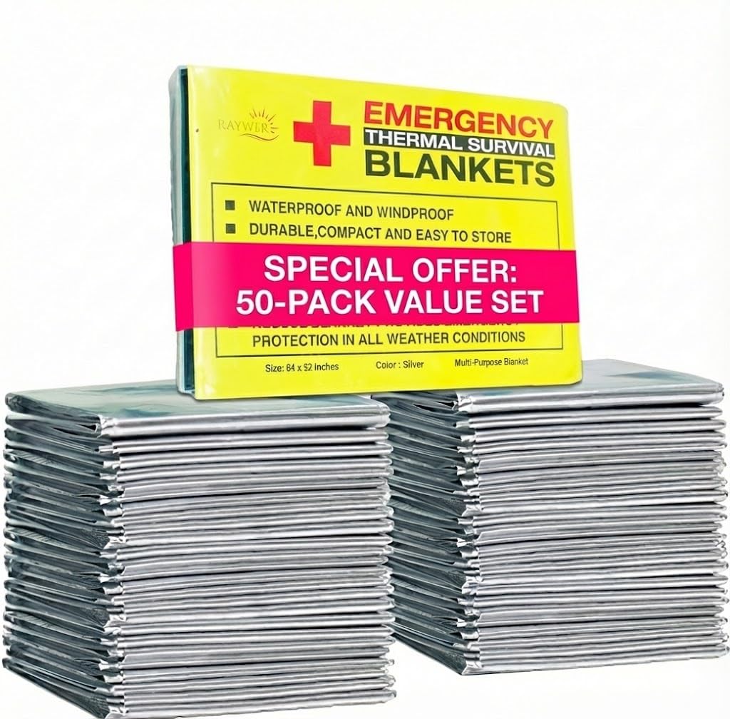 Rawyer - Mantas térmicas de supervivencia de emergencia, mantas de Mylar para exteriores, camping, senderismo, supervivencia en climas duros, sábanas térmicas plateadas grandes, equipo de