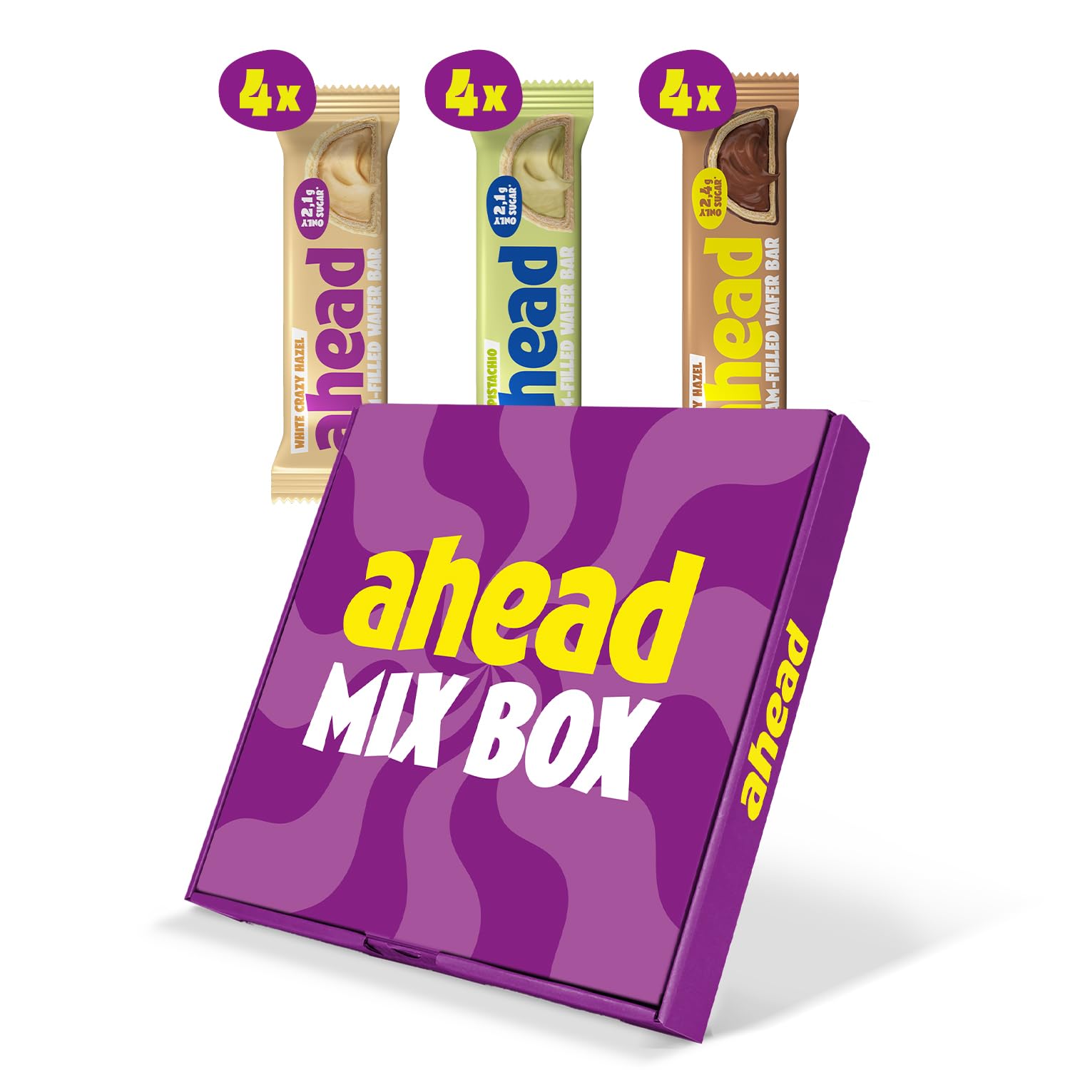 Ahead Cream-Filled Wafer Bar Mixbox 12 x 30g | Knusprige Waffel mit Cremefüllung, Schokolade ohne Zuckerzusatz | 2,4 g Zucker pro Riegel mit 3 Sorten: Crazy Hazel | White Crazy Hazel | Crazy Pistachio