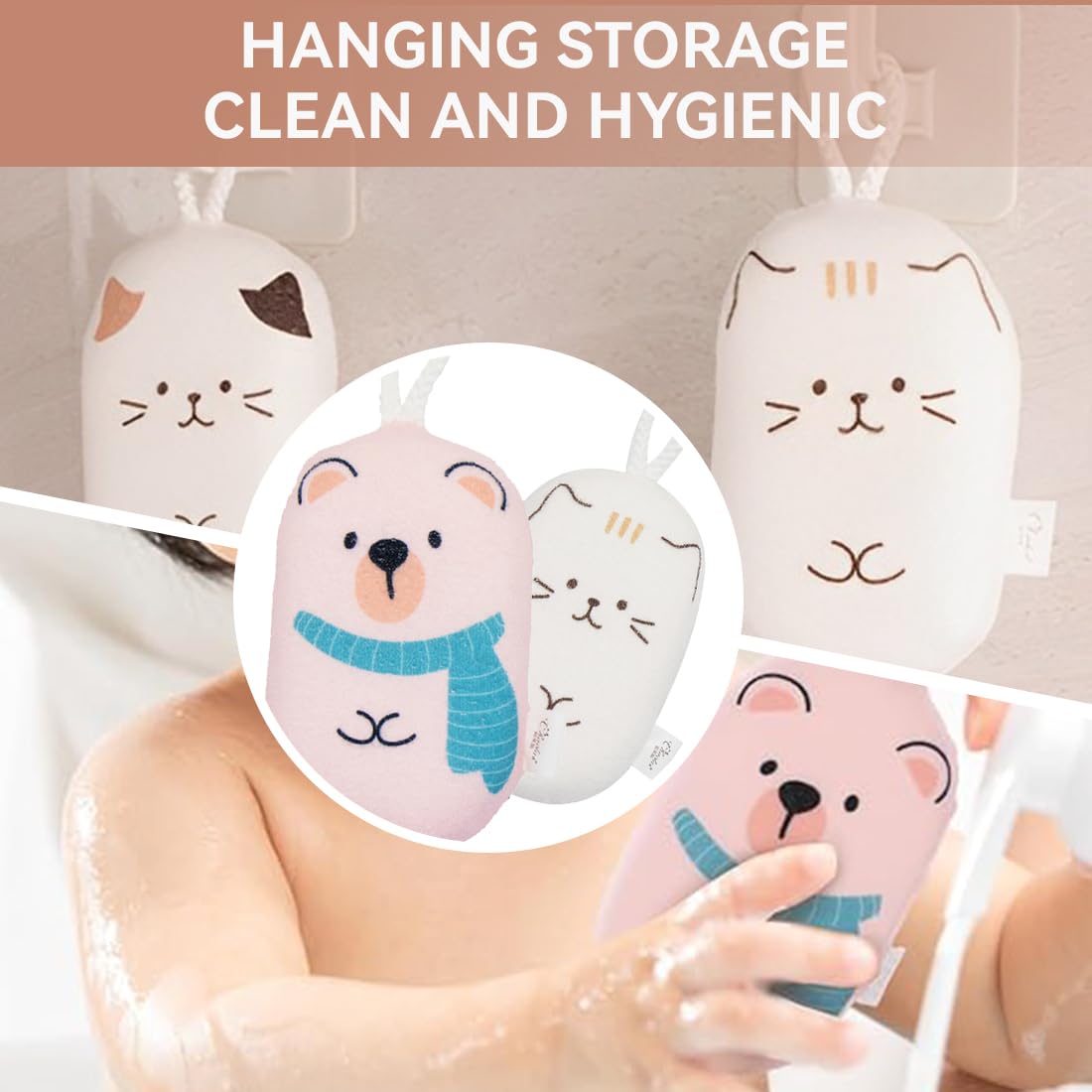 2 Pièces Éponges De Bain Bébé QOWIJEX - Éponges Hydrophiles Douces Formes Chat Et Ours