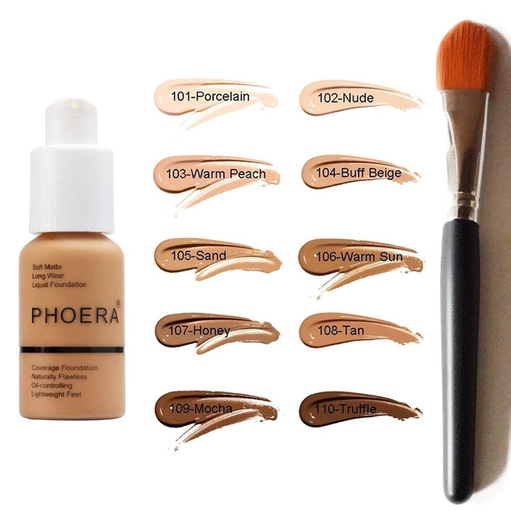 Phoera Foundation Full Coverage Make-up-Set – enthält Buff Beige & Sand 30 ml Matte Foundation, 6 ml Gesichtsprimer und flüssiger Foundation-Pinsel für einfache Anwendung