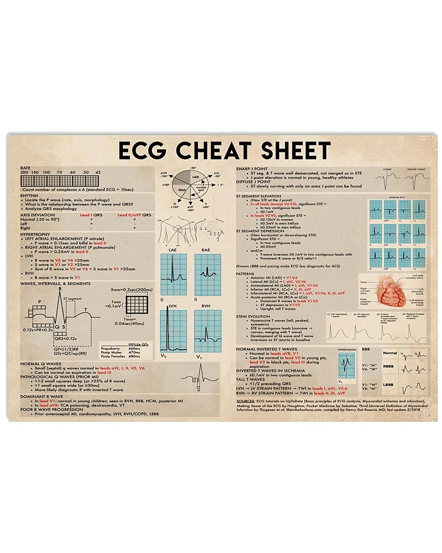peiyeety ECG Cheat Sheet Metal Sign Vintage Office Decor ECG Knowledge Tin Poster Club Hospital Home Wall Decoration Plaque es 8"x12"
