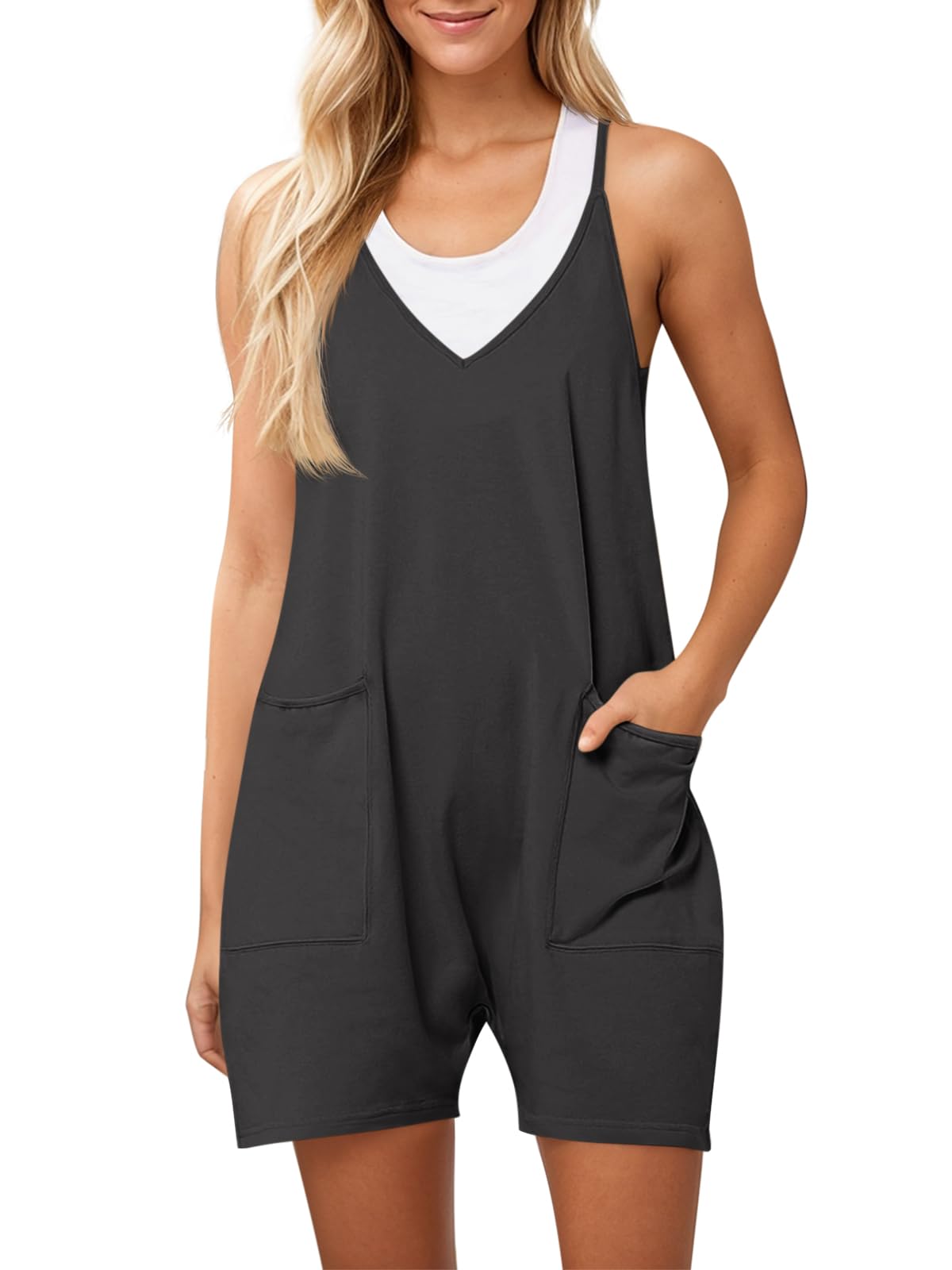 Ebifin Peto corto para mujer, pantalones de trabajo de verano, sueltos, mono sin mangas, con bolsillos grandes.