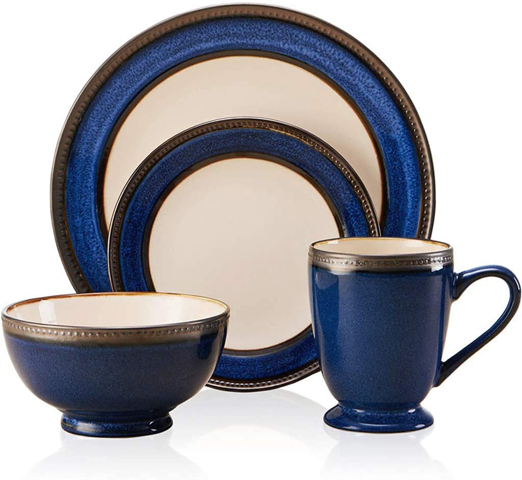 Zestaw obiadowy z porcelany, 22 elementy Zestawy obiadowe z ceramiki, 10 talerzy, 6 misek / 6 kubków - zestaw stołowy w kolorze glazury kobaltowej w stylu vintage